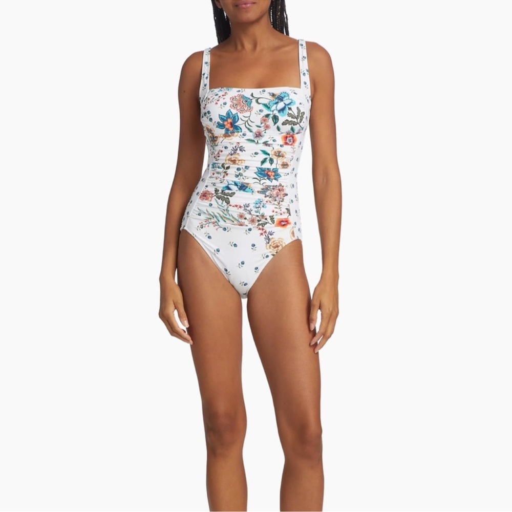 Johnny Was Ruched Multi White Floral One Piece Swimsuit - Picture 7 of 11